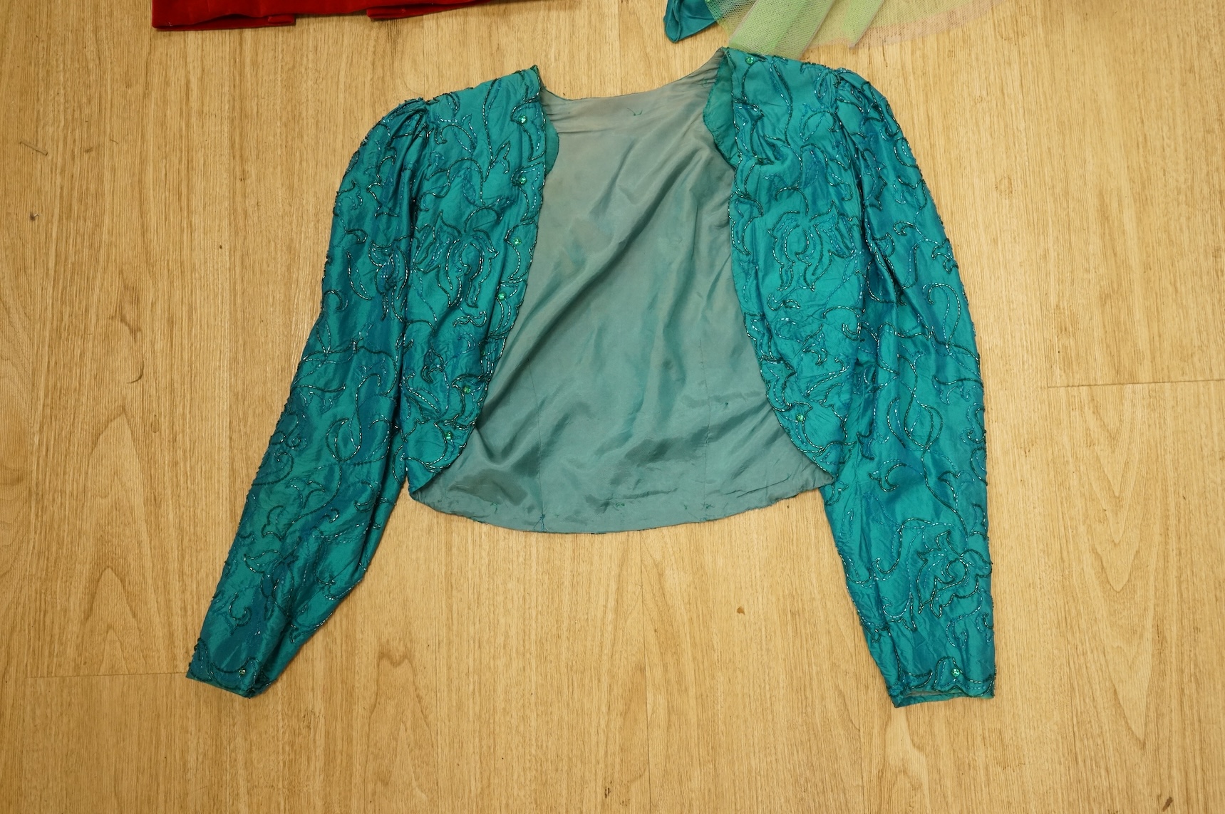 A 1960's/70's evening dress and jacket, with a red velvet dress